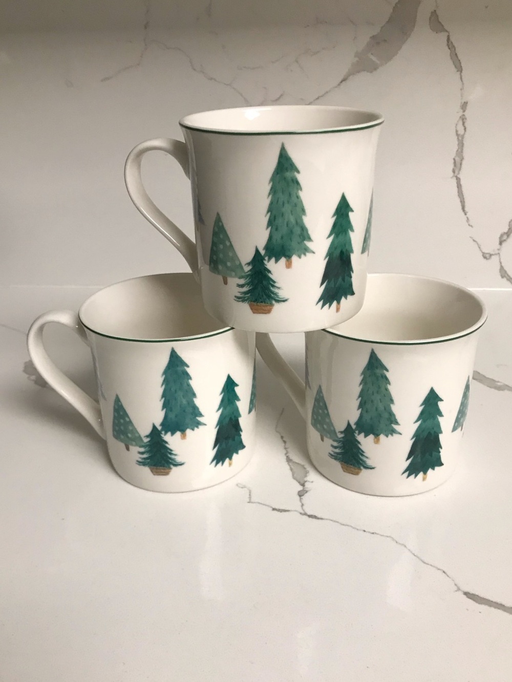 Abbott Evergreen Green Tree Pattern Ceramic Coffee Mugs - Set of 3